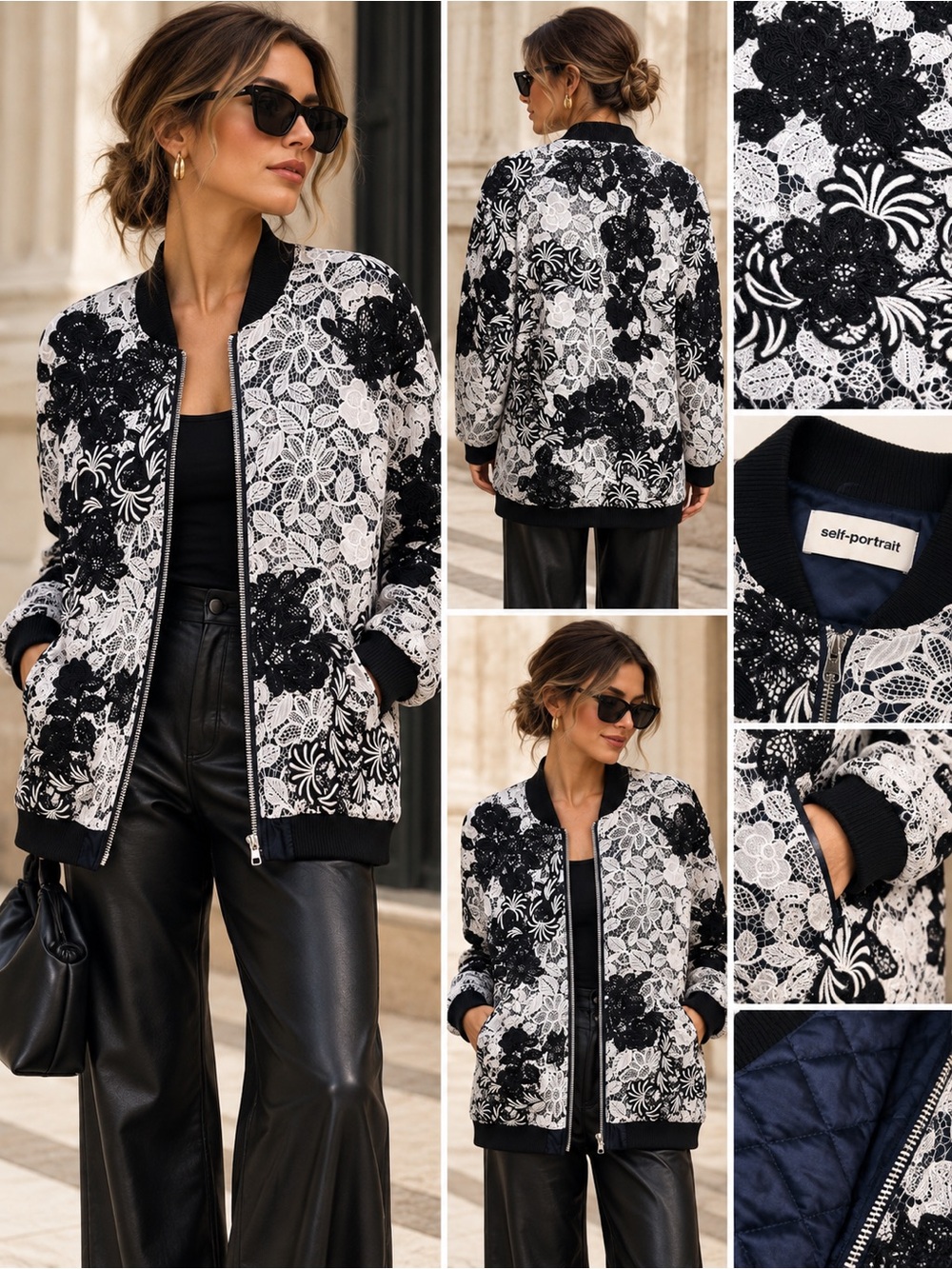 Self-Portrait Oversized Floral Guipure Lace Bomber Jacket Black White US 4